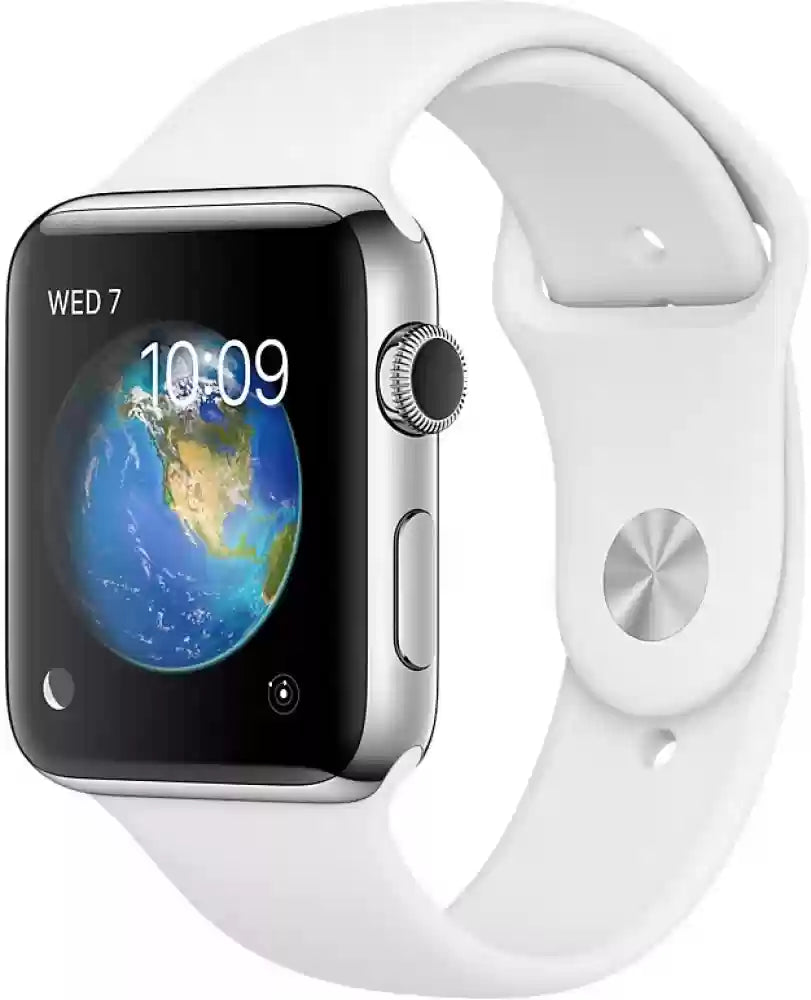 apple watch straps with a white soft silicone strap, worn on wrist and displaying a vivid earth-themed watch face