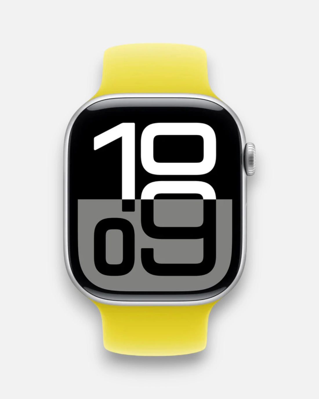 apple watch straps with a vibrant yellow silicone strap and bold digital clock display, shown from the front