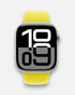 apple watch straps with a vibrant yellow silicone strap and bold digital clock display, shown from the front
