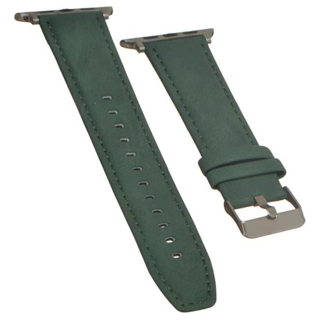 The green leather watch strap is linked to the watch band, displaying a modern and fashionable accessory.