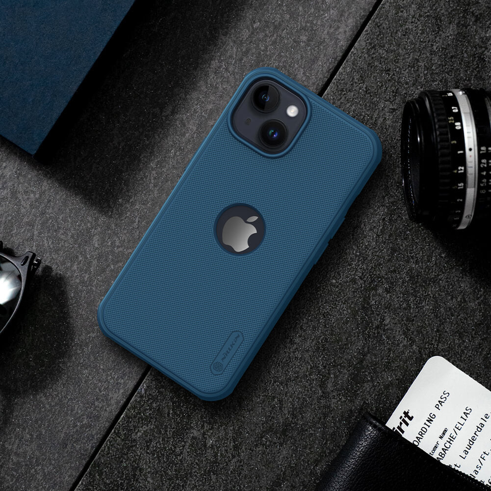 Blue matte iPhone cover for iphone 14 plus cover with camera cutout and Apple logo – minimalistic mobile cover for iPhone.