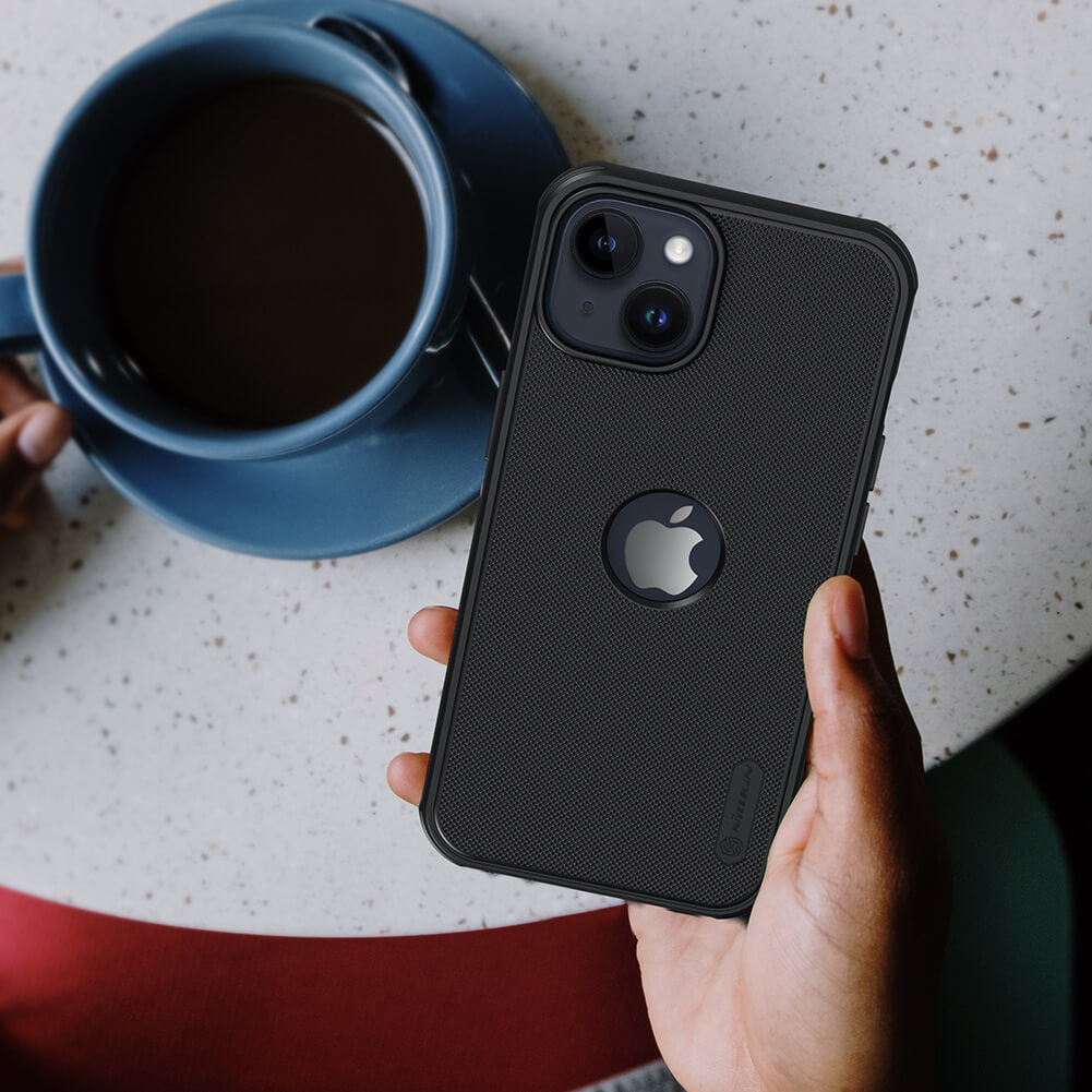 Black iPhone case for iphone 14 plus cover with coffee cup in background professional look with soft touch finish iPhone mobile cover.