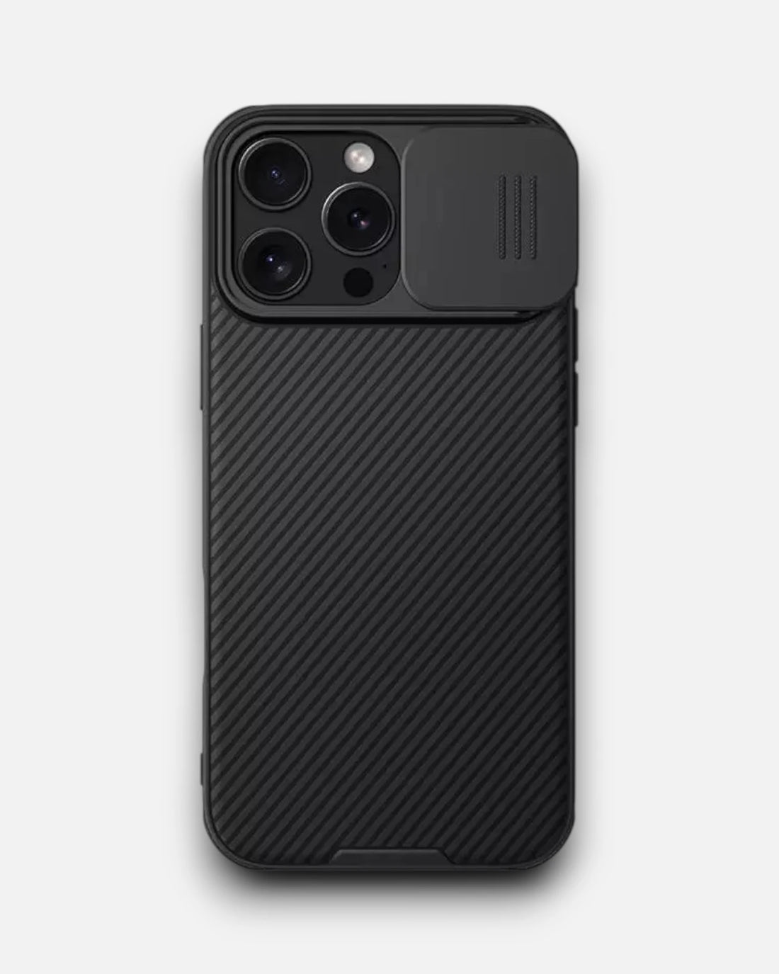 Black Nillkin CamShield Pro iPhone cover for iphone 16 cover with carbon textured back and sliding camera lens cover for ultimate privacy and protection