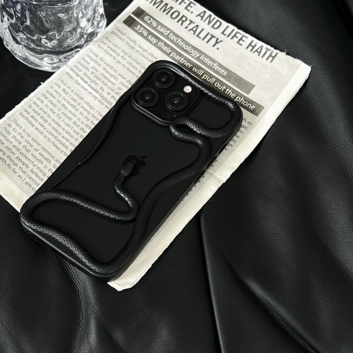 Black silicone apple cover with a realistic raised snake design, iphone 16 pro case ensuring grip, style, and protection for your devices