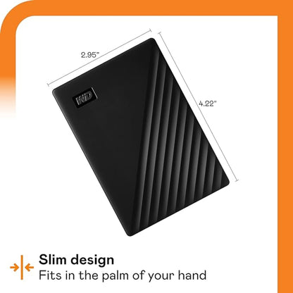 Close up of a 1TB WD My Passport hard drive in its packaging, showcasing its slim, palm sized design.