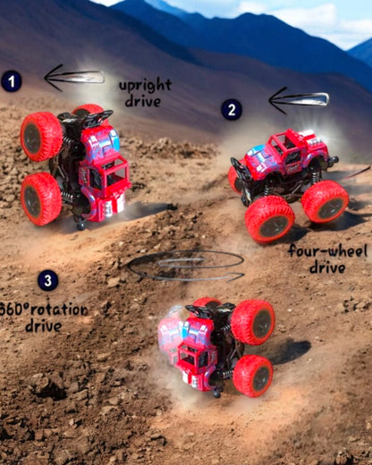 Red monster truck toy demonstrating upright drive, four wheel drive, and 360  rotation capabilities.