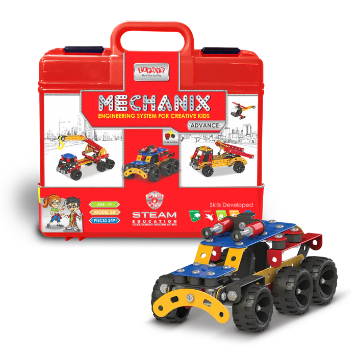 A toy car with a nearby box of mechanical pieces, encouraging exploration and creativity in building and play.