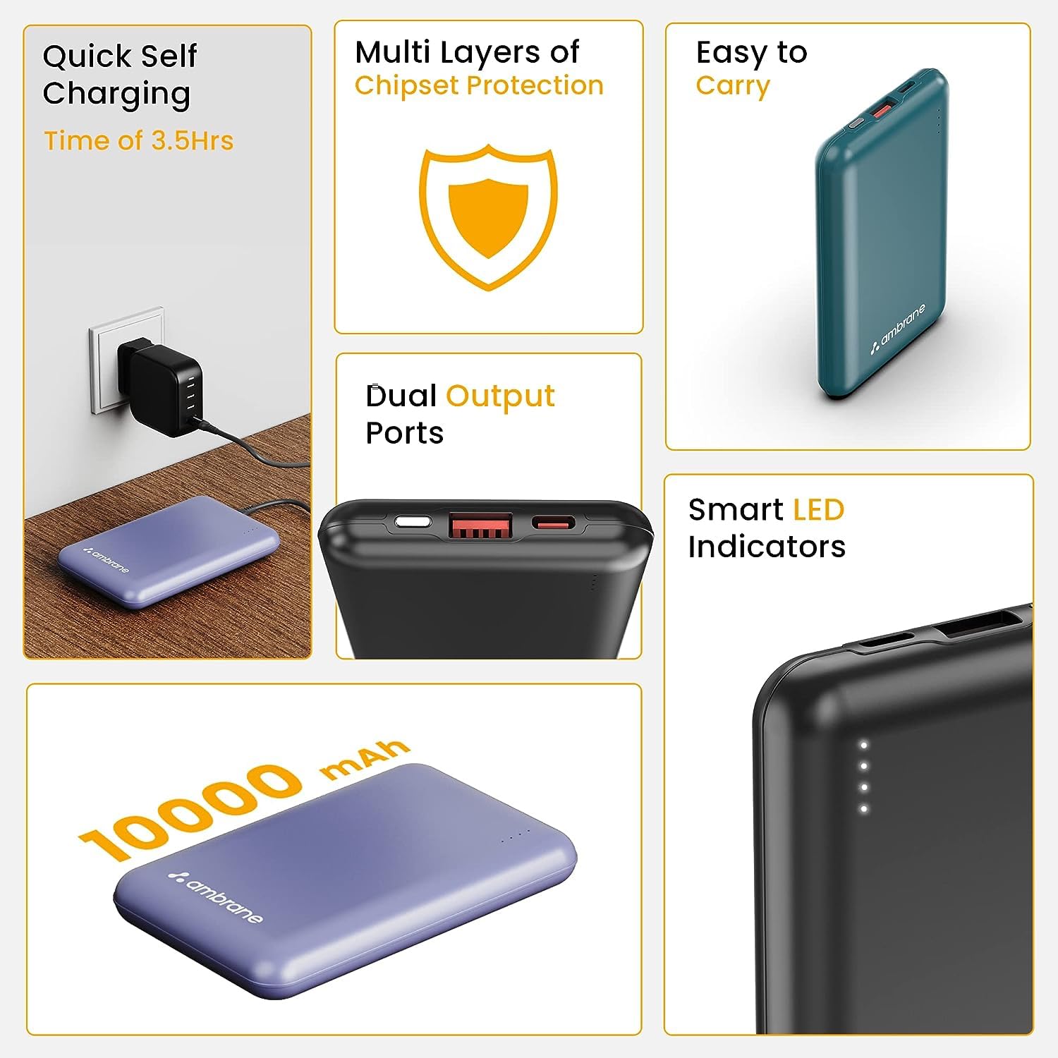 Multi-layer protection power bank, features dual output ports, smart LED indicators, and quick charge support
