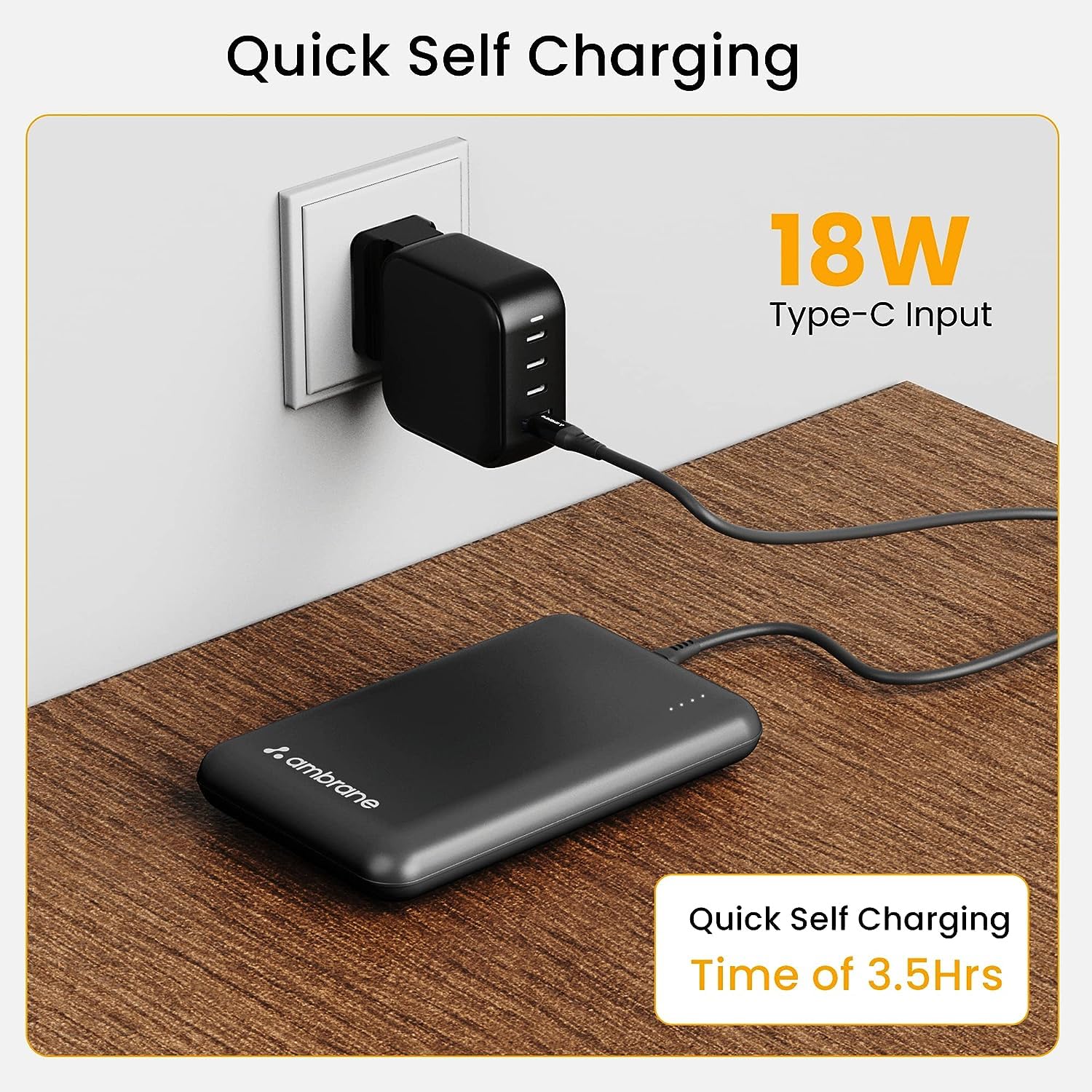 18W Type-C input powerbank, fast self-charging with a recharge time of 3.5 hours