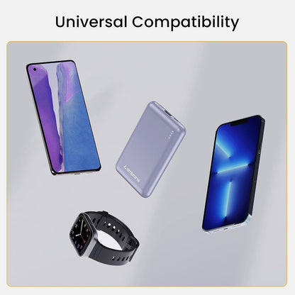 Compact power bank with universal compatibility, supports smartphones, smartwatches, and accessories