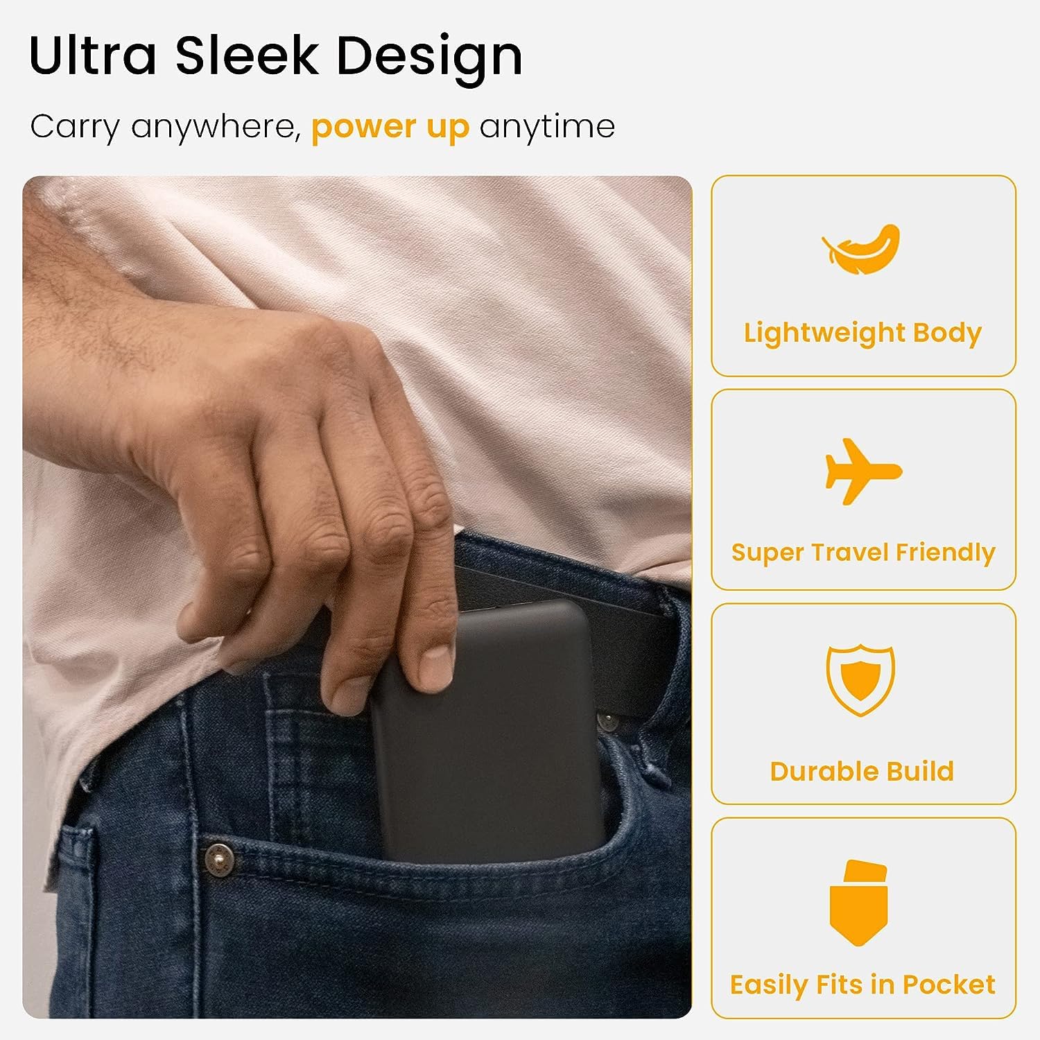 Slim and travel friendly powerbank, fits easily in your pocket for on the go charging
