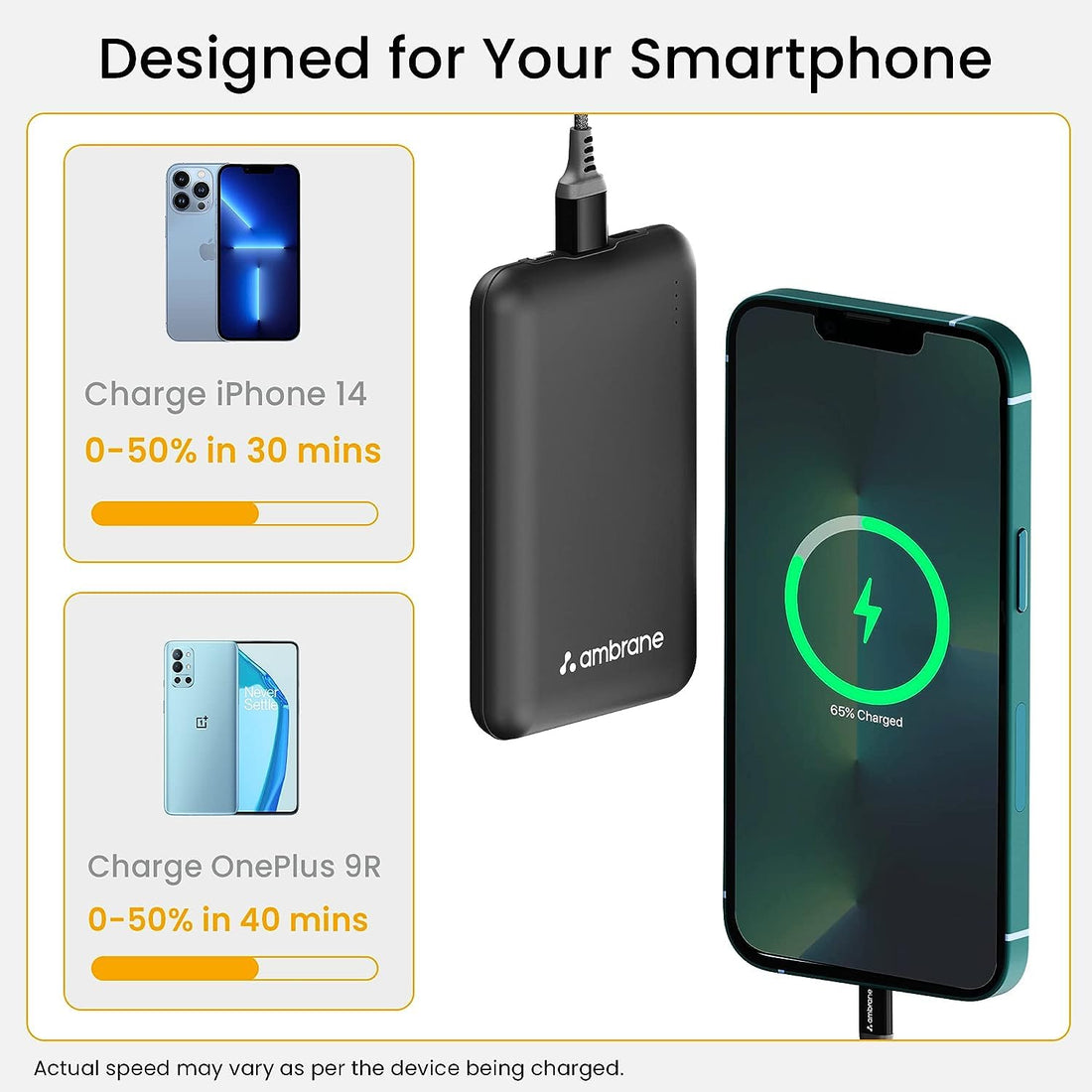 Fast-charging 10000mah powerbank ,charges iPhone 14 up to 50% in 30 minutes and OnePlus 9R in 40 minutes