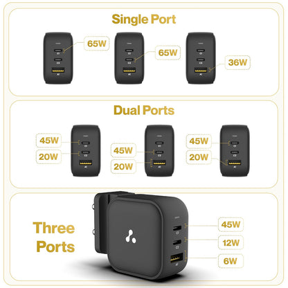 A power adapter with multiple output options single, dual, and three-port configurations for efficient charging