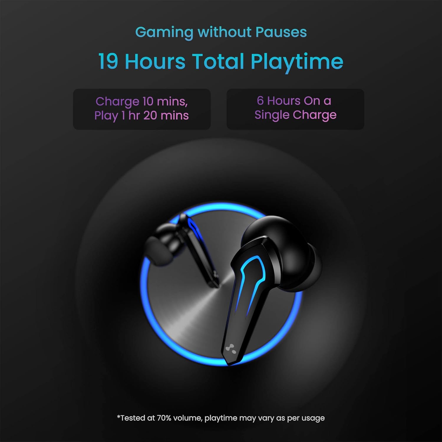 Wireless earbuds with a futuristic design and 19hour total playtime, including fast-charging