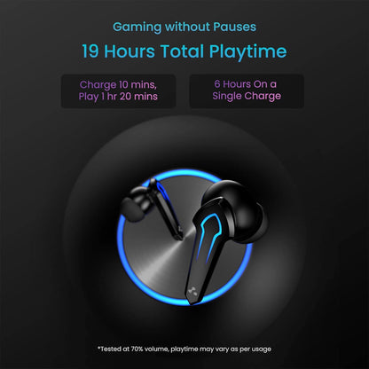 Wireless earbuds with a futuristic design and 19hour total playtime, including fast-charging