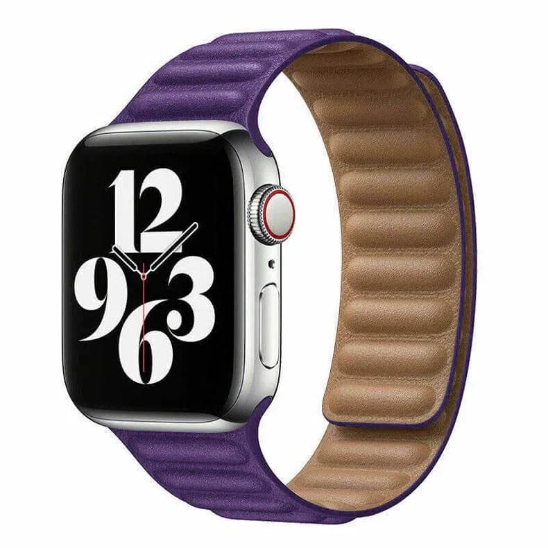 Deep purple leather Apple Watch straps with a smooth, ribbed texture