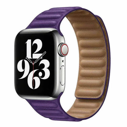 Deep purple leather Apple Watch straps with a smooth, ribbed texture