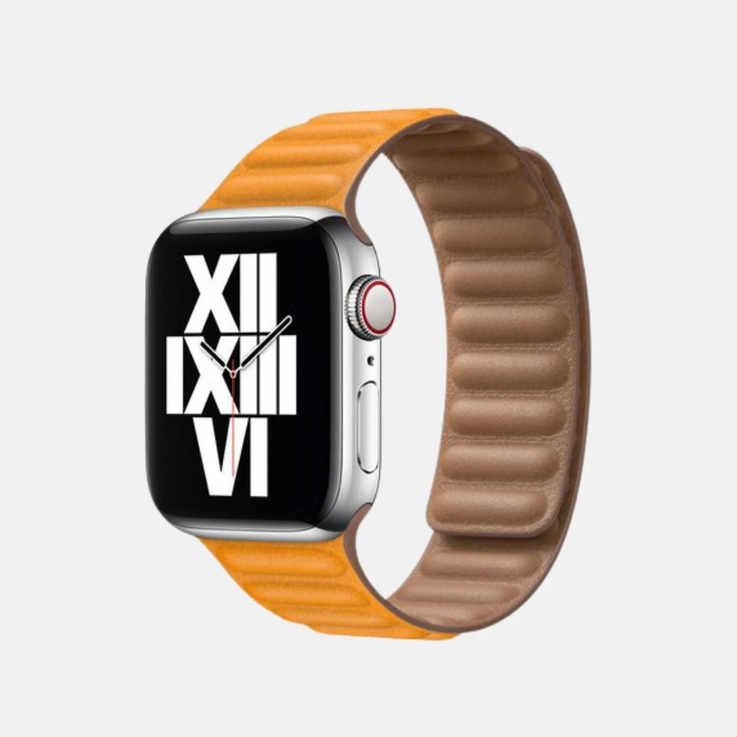 Vibrant yellow Apple Watch straps with a cushioned leather texture.