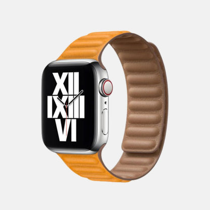 Vibrant yellow Apple Watch straps with a cushioned leather texture.