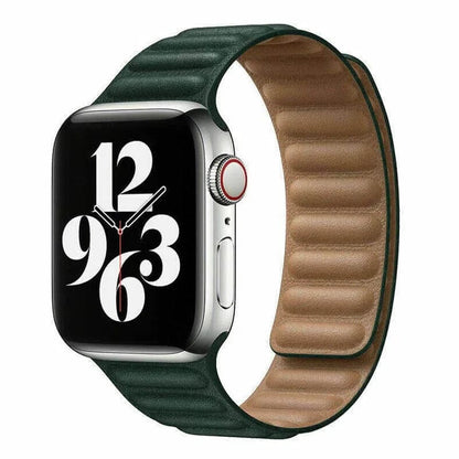 Bold midnight green leather Apple Watch strap, crafted with magnetic closure.