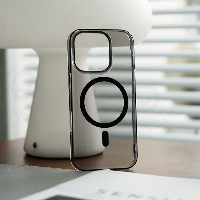 Clear iPhone case with black MagSafe ring for 14 pro max cover. Slim, durable, and stylish mobile cover