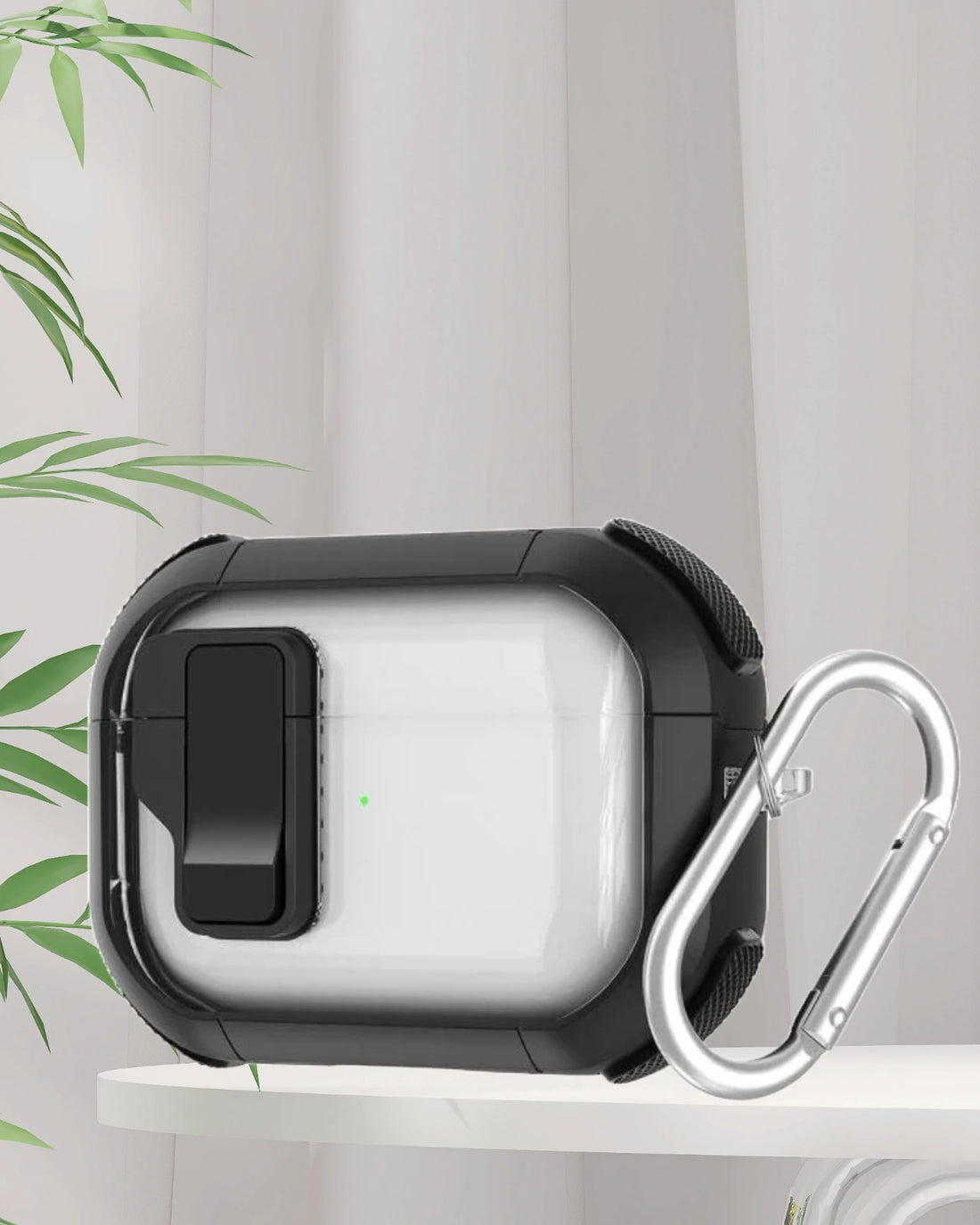 airpod pro case Durable clear protective cover with a black shockproof frame, featuring a secure lock clip and a metal carabiner for easy carrying.