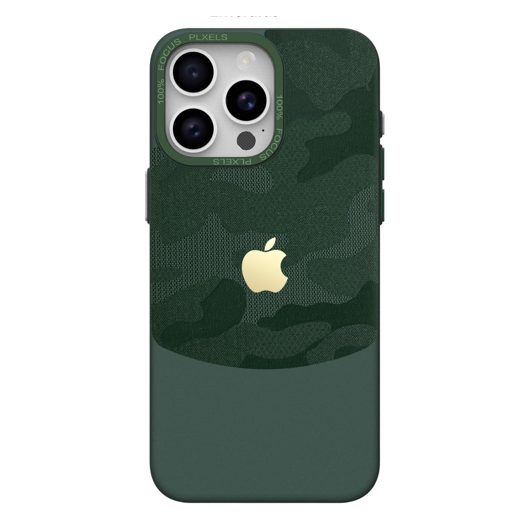 Green camouflage iPhone case with a flip iphone 15 pro max cover and gold Apple logo for a bold and protective style
