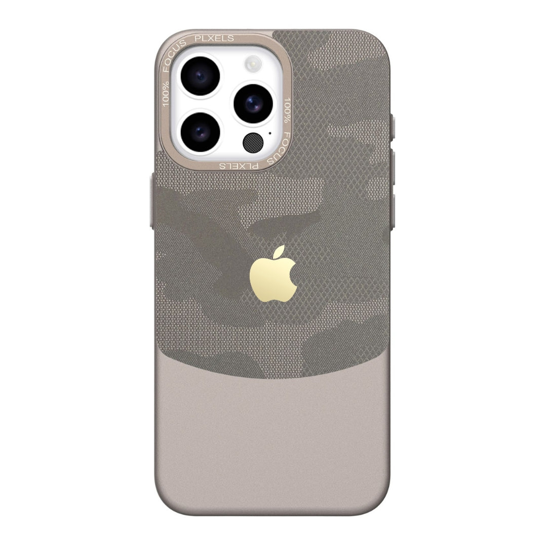 Trendy camouflage flip iPhone cover in beige, iphone 15 pro max cover offering sleek protection and a premium aesthetic