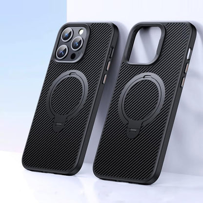 Carbon fiber MagSafe apple cover, iphone 15 pro max cover featuring a dual magnetic ring for strong wireless charging support.