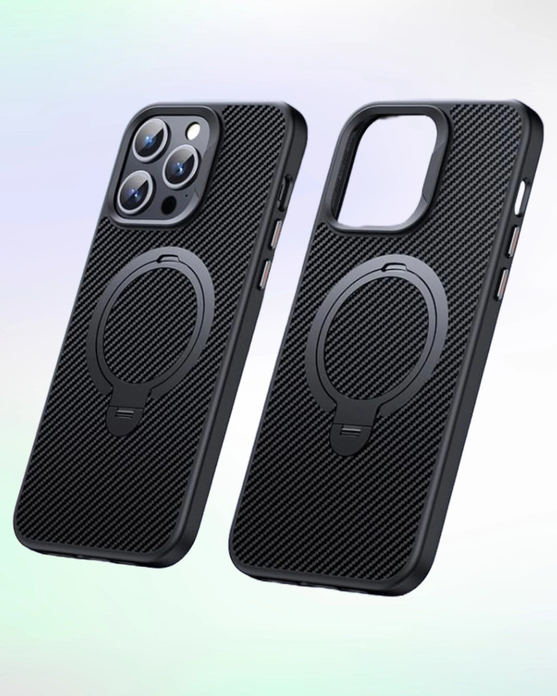 Carbon fiber MagSafe apple cover, iphone 15 pro max cover featuring a dual magnetic ring for strong wireless charging support.