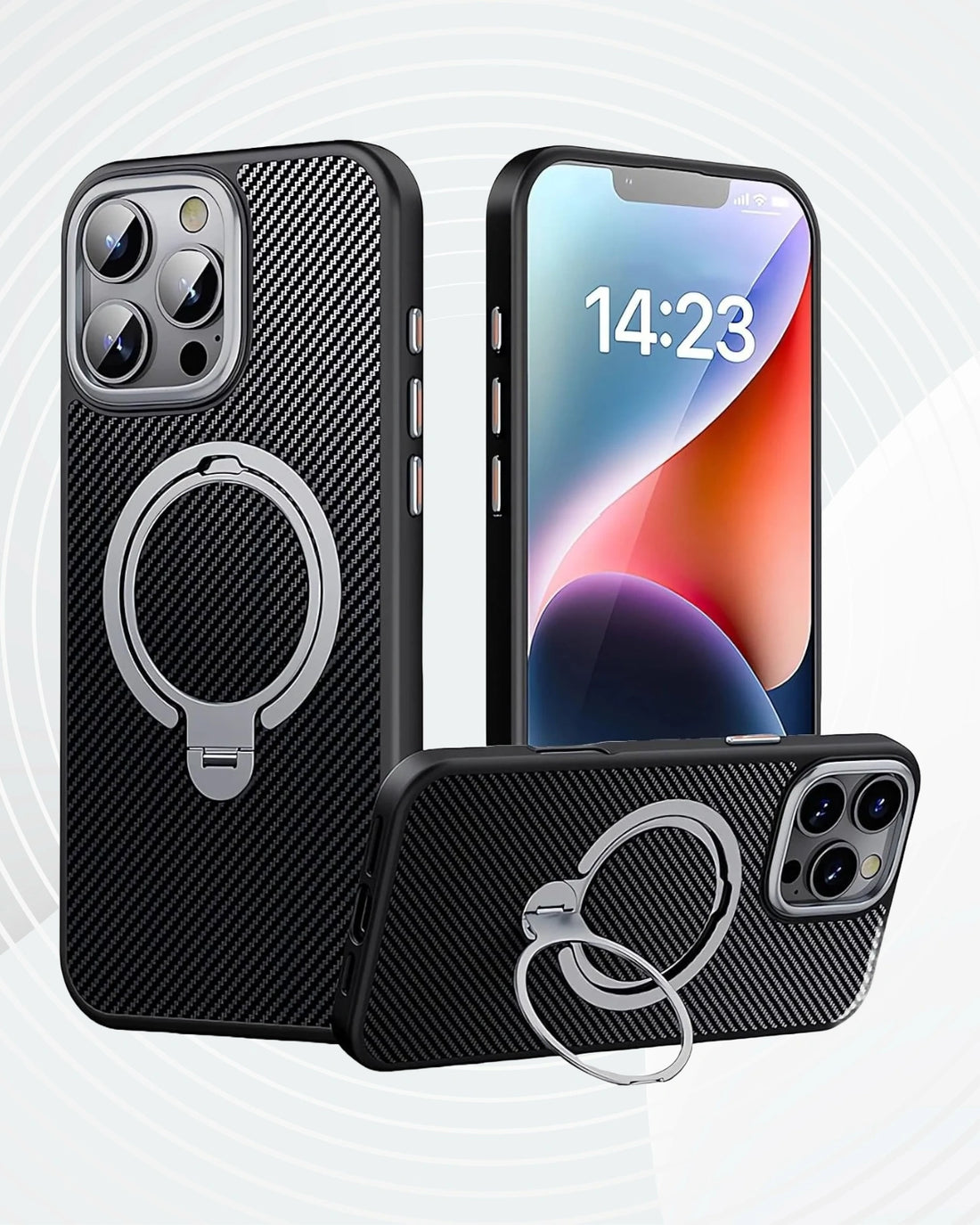 Versatile ring stand iPhone case, iphone 15 pro max cover supporting multiple viewing angles while maintaining a lightweight, stylish look.