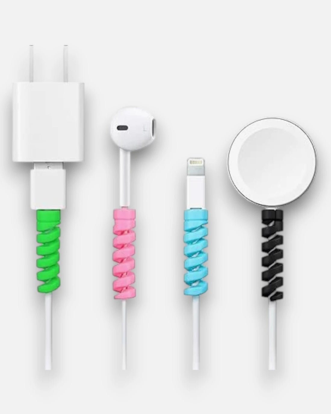 Set of 4 multicolor silicone protectors for charging cables and wired earphones, designed to prevent fraying and damage
