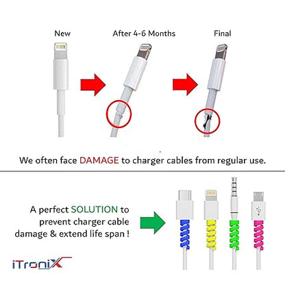 Multicolor silicone protectors for charging cables and earphones, pack of 4, designed to enhance durability and style.

