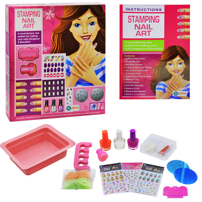 DIY nail art set for girls, includes nail polishes, stencils, and stamping plates to create stylish manicures at home