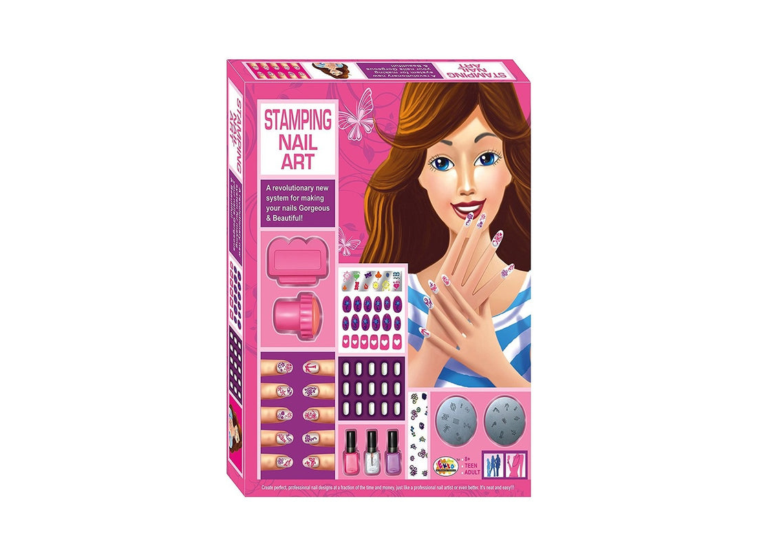 Premium stamping nail art kit, featuring multiple tools and accessories to achieve salon style manicures effortlessly.