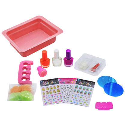 Complete nail art stamping kit, featuring polishes, stickers, stamping tools, and accessories for creative nail designs.