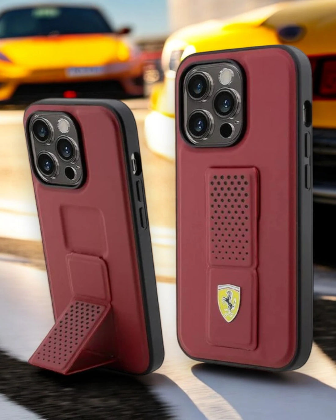 Premium Ferrari grip stand iPhone case in sleek black, iphone 15 covers ultimate protection with a stylish kickstand