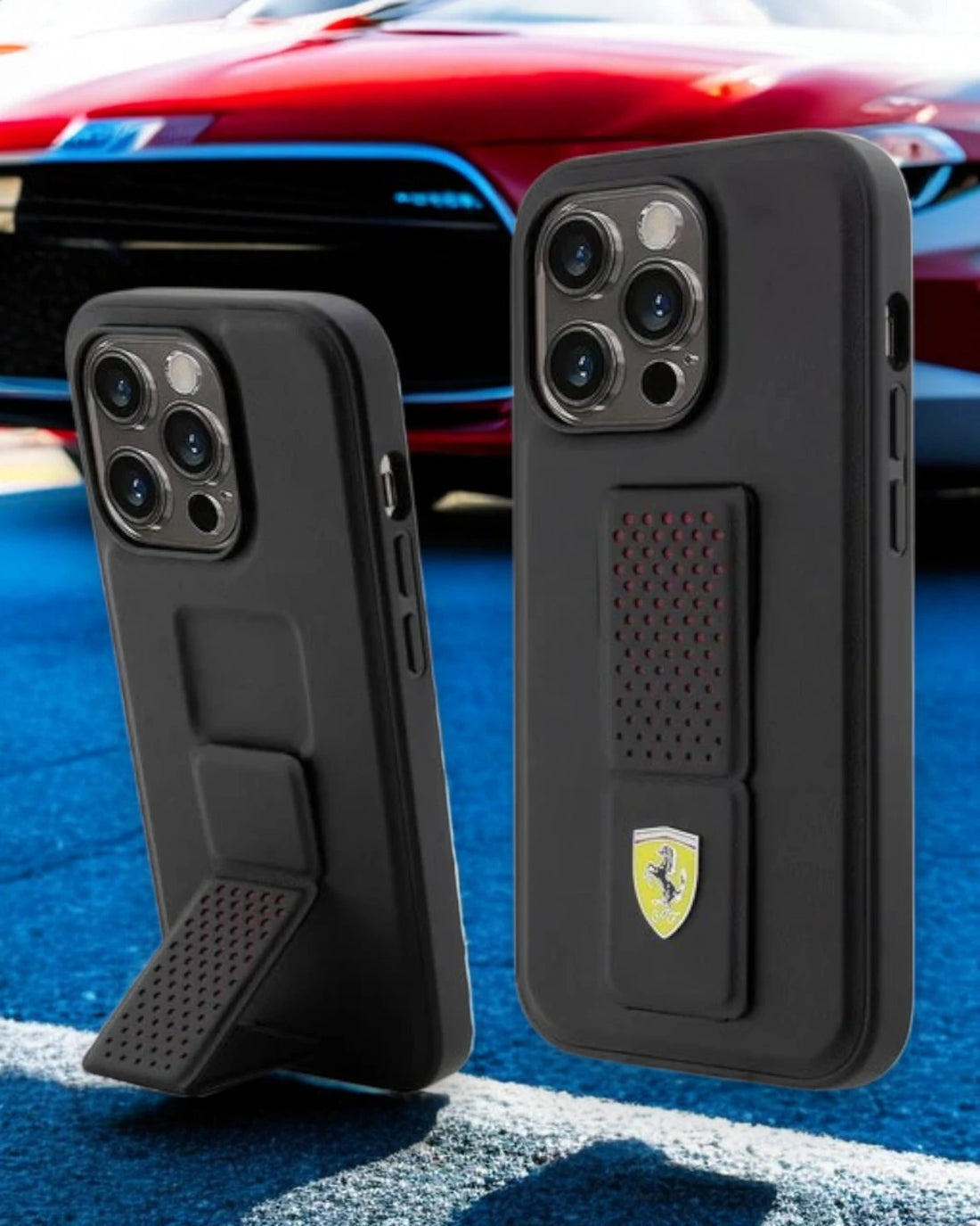 Rugged Ferrari grip stand iPhone case, iphone 15 cover featuring a built in kickstand and premium shockproof protection