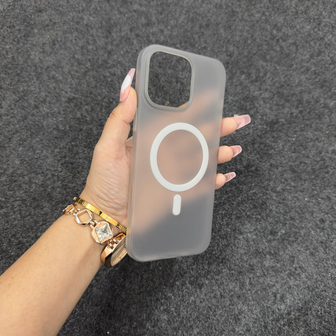 Transparent MagSafe iPhone case with frosted edges stylish iphone 15 cover with strong magnetic alignment.