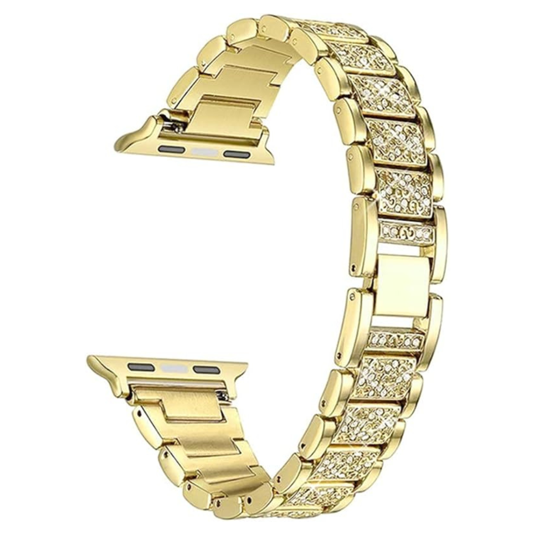  Luxurious gold plated apple watch straps with embedded stones, designed for 42mm to 49mm models. A perfect blend of elegance and durability