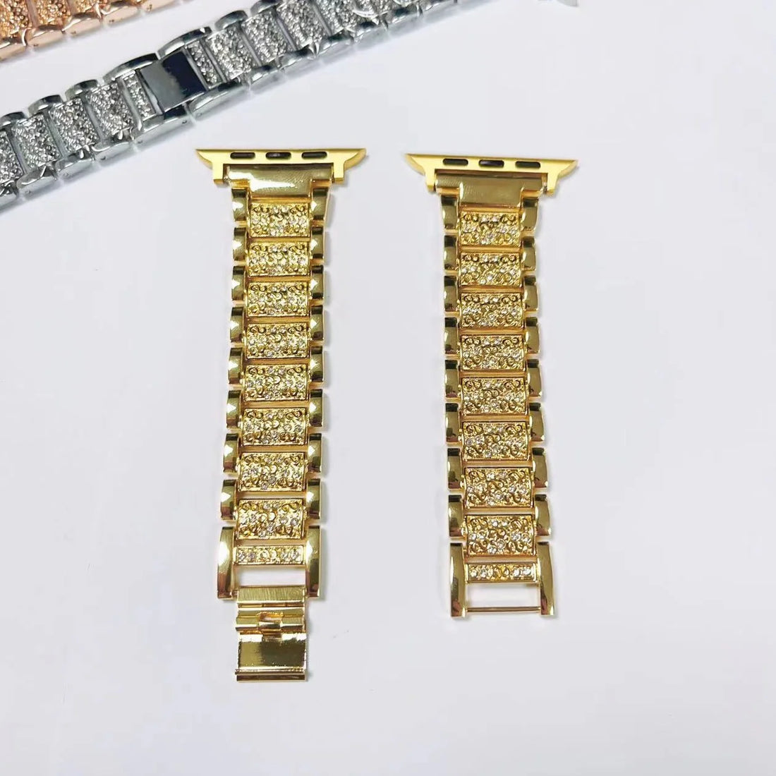 Gold tone metal apple watch straps with sparkling stones, crafted for a premium and stylish look. Ideal for formal and casual wear