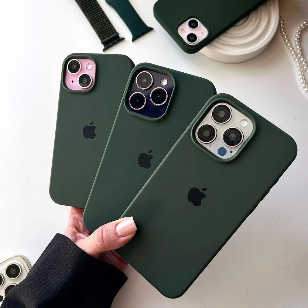 Stylish dark green liquid silicone iPhone cover with a soft matte finish, iphone 15 covers offering a sleek and protective grip