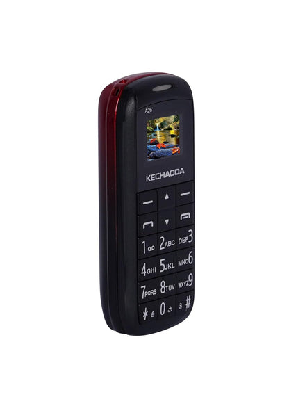  Angled view of Kechaoda A26 dual sim keypad phone showing color display and black body with red side accents