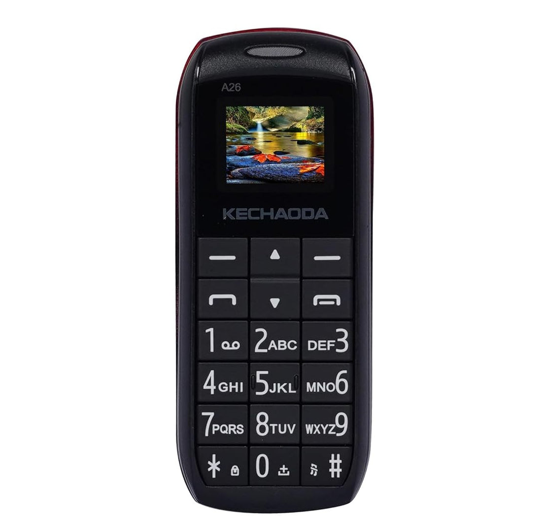 Front view of a black Kechaoda A26 dual sim feature phone with numeric keypad and small vibrant color screen.