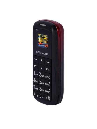 Side angle of Kechaoda A26 dual sim mobile phone highlighting red edges, numeric keypad, and compact design