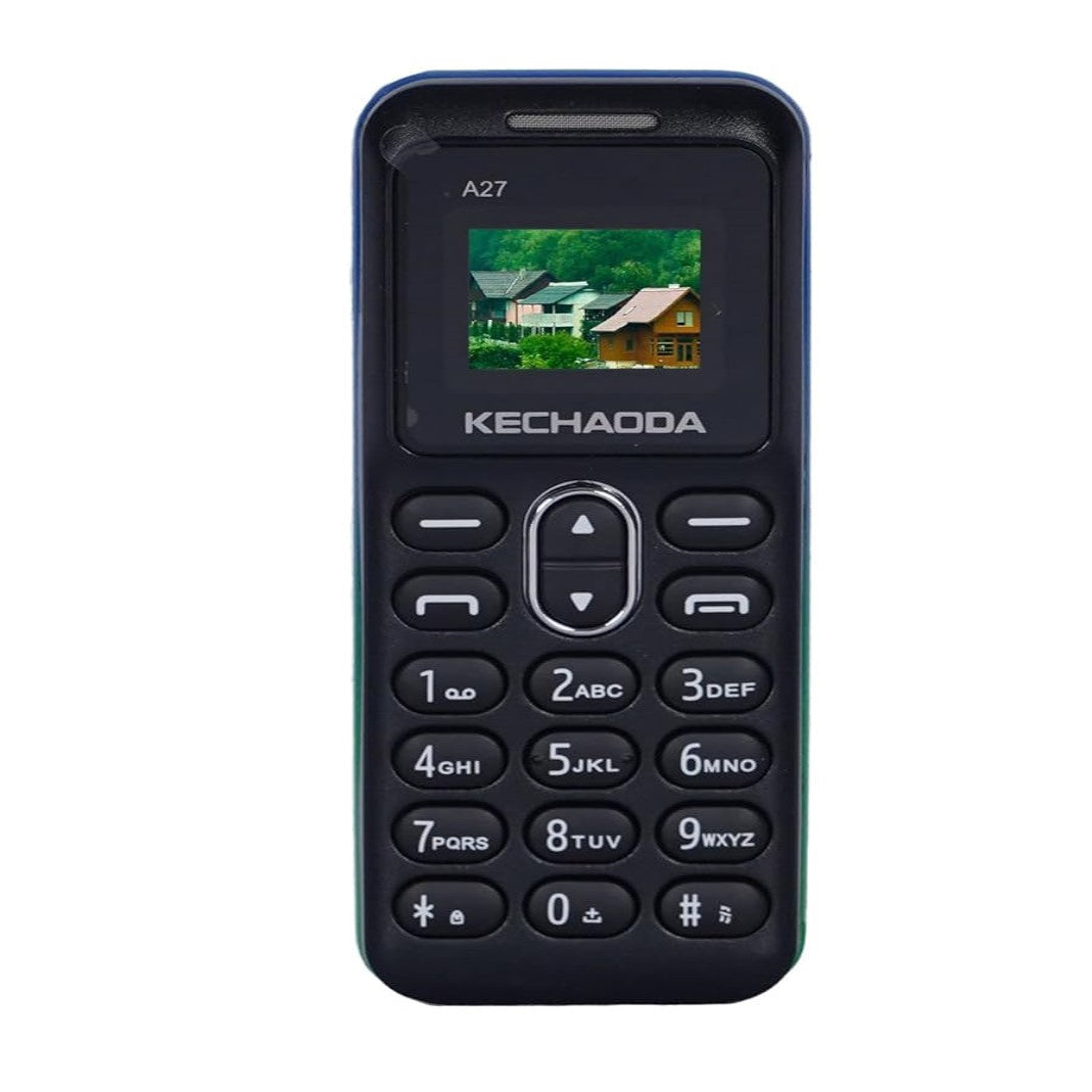 Kechaoda A27 dual sim displaying a compact screen, navigation button, and numeric keypad in a classic bar style layout.