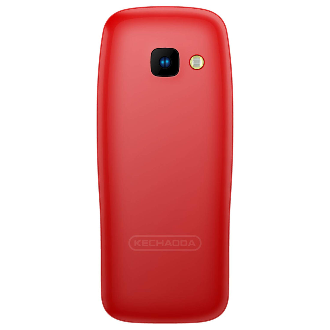 Rear side of Kechaoda K200 red feature phone with flashlight and rear camera, showcasing smooth red matte finish