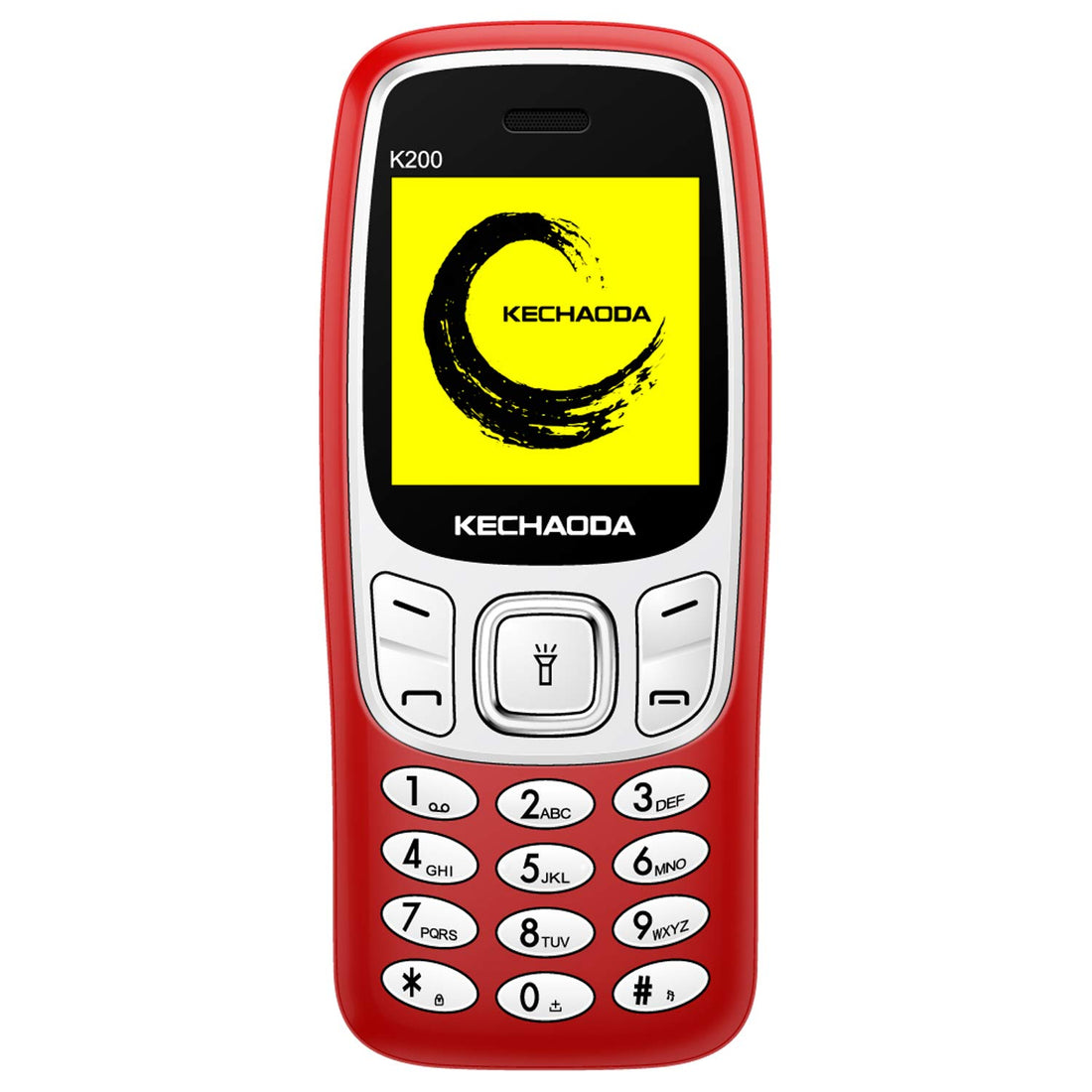 Front view of Kechaoda K200 red keypad phone with white number pad and vibrant display, classic mobile design