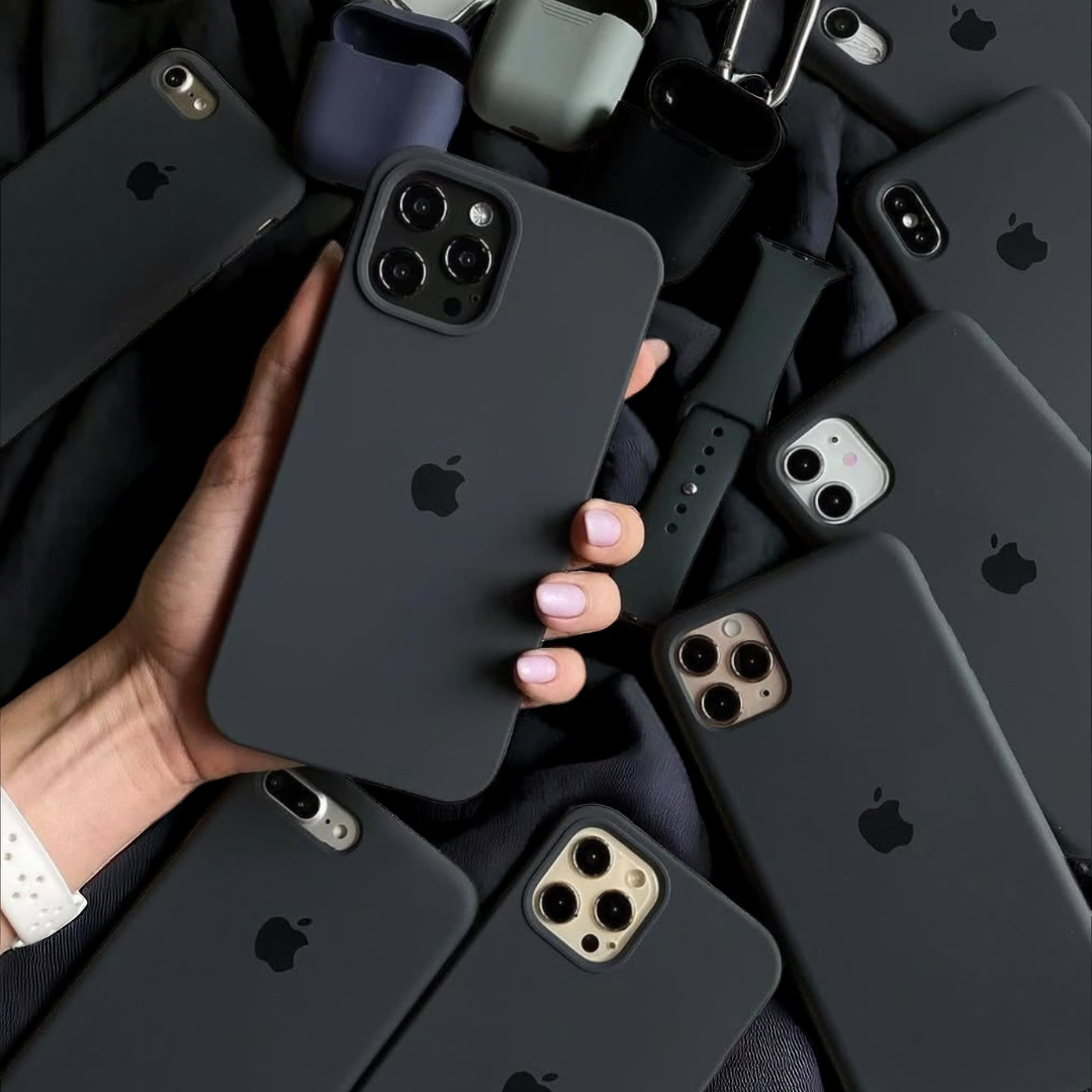 Matte Black iPhone Case Collection   Aesthetic shot of premium black liquid silicone mobile covers for iPhone models.