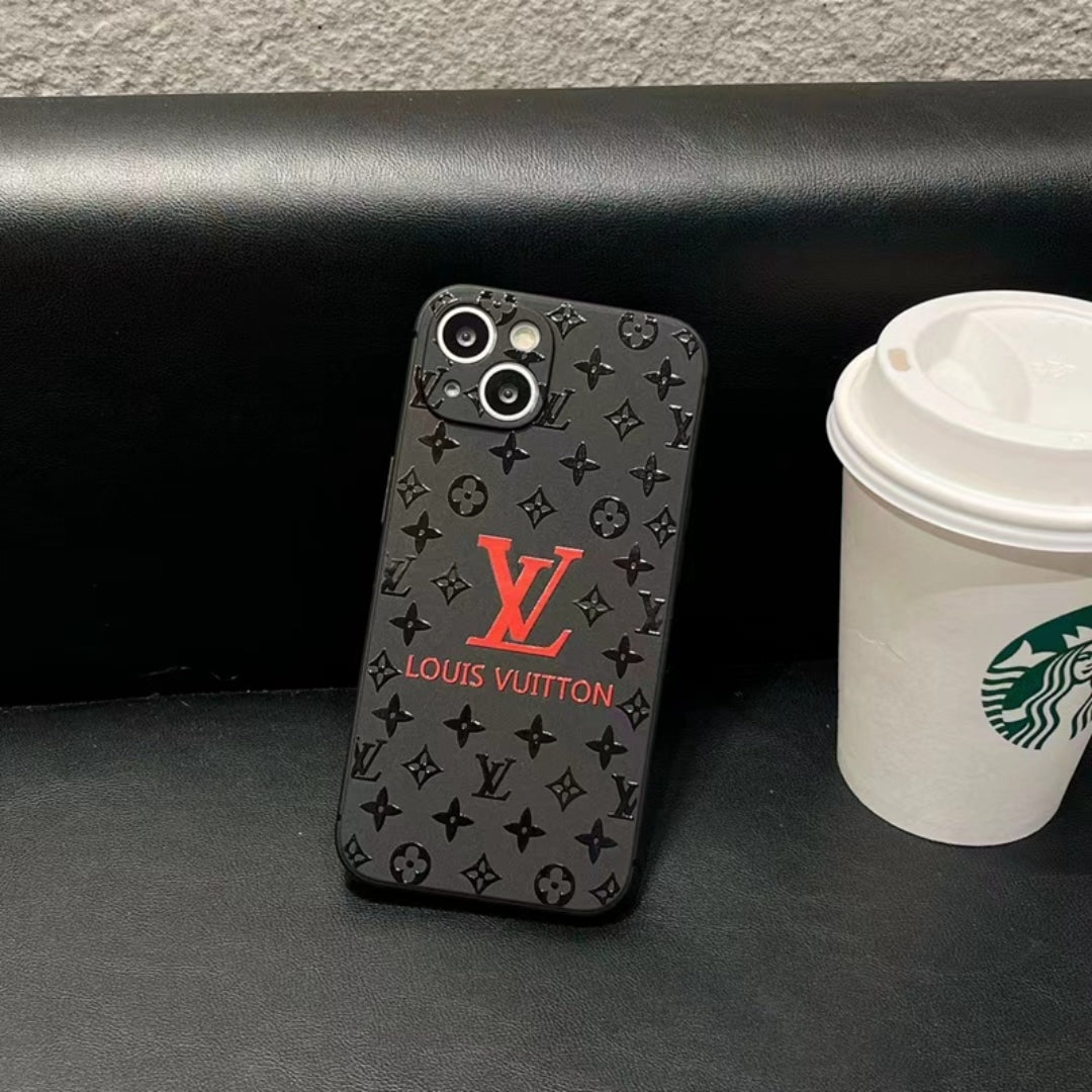  Black designer iPhone cover with red LV Louis Vuitton branding premium mobile cover for iphone 16 pro case